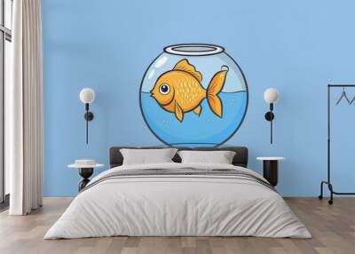 Animated goldfish in a gold fish bowl is cute and happy Wall mural