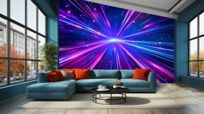 Animated hyperspace warp speed light effect background. Galaxy hyperspace modern velocity tunnel motion. Futuristic travel in cyber universe illustration. Neon highway fast move radial design. Wall mural