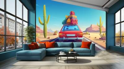 Animated modern illustration of a car driving down a desert road to a rocky canyon. Cactus and a long asphalt highway with a blue sky. Family travel. Wall mural