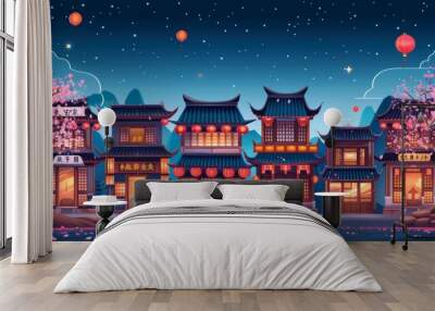 Animated modern illustration of a night Asian town street with buildings and sakura trees along the road. Old Chinese buildings, shops, traditional restaurants with illuminated windows, stars in the Wall mural