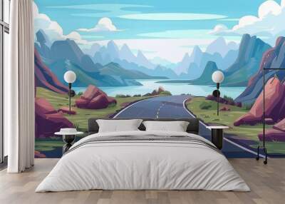 Animated mountain road landscape background. An asphalt highway in rocky valley near a lake panorama view. Roadside on a travel route leading to a river. Wall mural