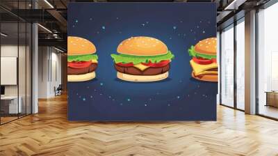 Animated set of happy hours flyer templates for fast food restaurants. Modern illustration of tasty sandwiches and appetizing hamburgers. Wall mural