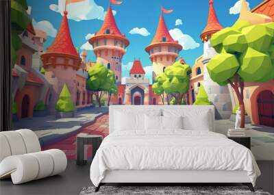 Animation of a theme park cartoon scene on a sunny day. Artificial intelligence generated background. Wall mural