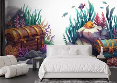 Aquarium underwater seaweeds and fish, cartoon aquaria equipment Wall mural