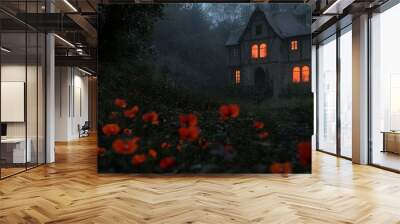 Art Illustration of a Big Black Spooky Scary House in the Middle Of a Mystical Forest With Neural Networks. Halloween Horror Movie Cinematic Background. Computer Generated Painting. Wall mural