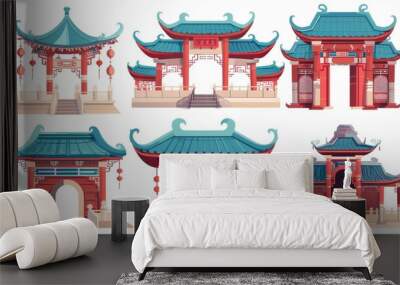 Asian pavilion antique entrance with classic decoration, a Chinese house or temple door with roof, stairs and lanterns. Cartoon modern illustration set with oriental building arch gate. Wall mural