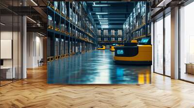 automated guided vehicle avg in a modern warehouse with blue and yellow color scheme Wall mural