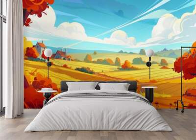 Autumn landscape with orange agriculture fields. Modern cartoon illustration of countryside countryside with farmlands in fall, harvest season. Wall mural