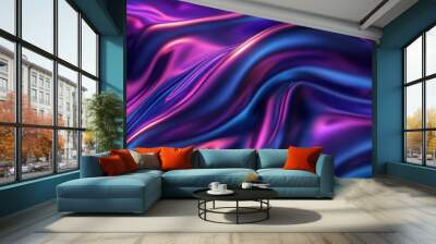 Background with transparent purple waves on black, liquid glass texture, purple iridescent shiny waves Wall mural