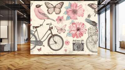 Birds, bows, flowers, a bike, a camera, and butterflies against a grunge background. Wall mural