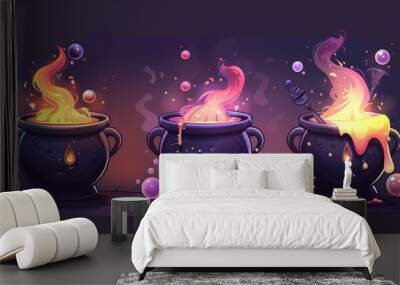 Boiling magic potions, poison, and love elixir on black cauldrons, a witch is cooking using boiling boilers and scary potion with eyeballs and bubbles, modern cartoon set isolated on white. Wall mural