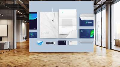 Branding design with blue wings logo and stone texture. Colorful corporate identity set of folder and business card, letter A4 and envelope. Stationery editable vector high quality mockup. Wall mural