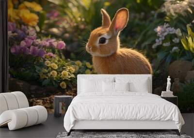 Brown rabbit sitting in natural sunlight on a green field Wall mural