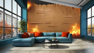 Burnt paper edge with grid modern set. Fire effect on page hole. Flame on burned sheet isolated on transparent background. Scorched border on blank school notebook paper. Wall mural