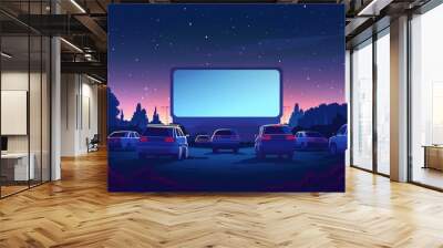 Car street cinema. Open air parking with drive-in theaters at night. Nature scene illuminated in darkness on starry sky background cartoon modern illustration. Wall mural