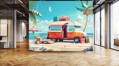 Car with luggage on roof and open door, standing on sand beach with palm trees and lounge chairs. Cartoon summer modern with family trailer bus for camping. Wall mural