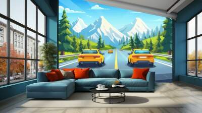 Cars driving at highway rear viewpoint, automobiles riding along asphalted road with trees by sides and mountain scenery under blue skies, travel to national park, cartoon modern illustration. Wall mural