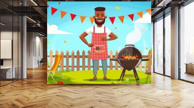 Cartoon banner depicting the African American man in apron cooking on a grill machine on a summer lawn in a park or garden. A barbecue picnic invitation for an outdoor backyard holiday party on a Wall mural