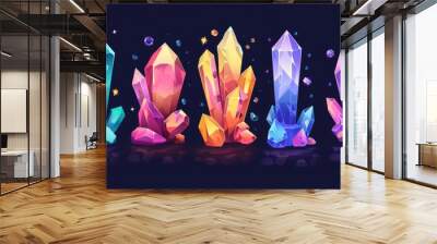 Cartoon game assets with glowing diamond raw material rocks. Modern illustration set of mining glass treasure and jewel stones. Wall mural