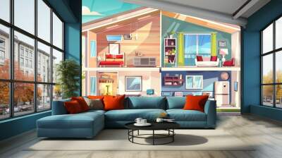 Cartoon house interior design cross section. Modern illustration of cozy two floor apartment with hallway, living room, kitchen, bedroom, and bathroom filled with furniture, equipment and home décor. Wall mural