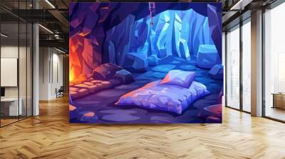 Cartoon illustration of a dark cave inside an ancient dungeon. Illustration includes a fire, a pillow on a bed, crystals, and rocks in an underground ancient cavern. Wall mural