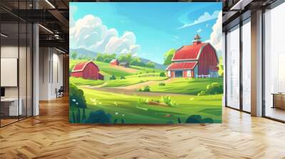 Cartoon illustration of a farm with a barn and greenery Wall mural