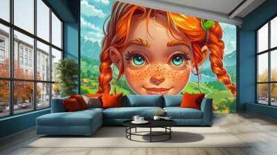 Cartoon illustration of a little girl with two tails on a summer landscape background. Modern illustration of a little girl with freckles on a summer background. Wall mural