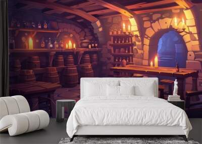 Cartoon illustration of a medieval tavern in a castle dungeon filled with candle lamps, wooden furniture and stuff. Table and chairs with bottles, middle ages game background. Wall mural