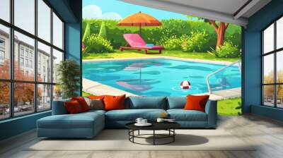 Cartoon illustration of family party in a back yard swimming pool with green grass, bushes, trees, chair and parasol next to the pool, toy ball and duck floating on water. Wall mural