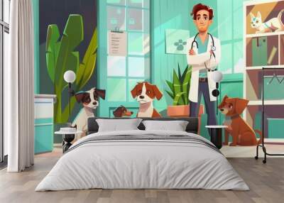 Cartoon modern illustration of vet clinic cabinet with animals and doctor. Veterinarian man with dogs and cats, pets receiving medical treatment, vaccinations, and hospital appointments. Wall mural