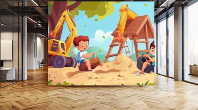 Cartoon modern summer playground with sandpit and climb clubhouse with kids playing with excavator toy in a sandbox near children's house on green tree. Wall mural