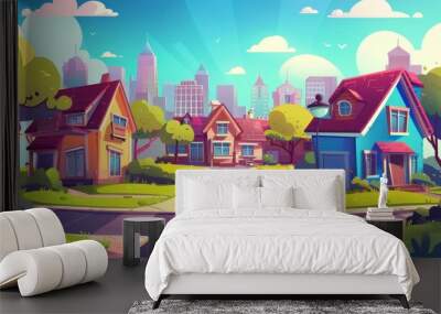 Cartoon modern town landscape with neighborhood cottages in the countryside on a street with yards and trees, road and driveway against a silhouette of city skyscrapers. Wall mural