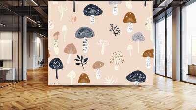 Cartoon style seamless pattern illustration of mushrooms in a forest. Cartoon style background with little cartoon fungus. Wall mural