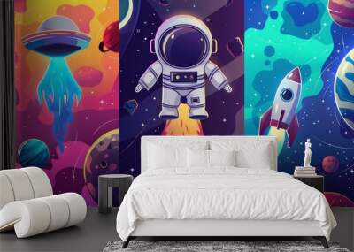 Cartoon vertical banner with cute friendly alien, ufo saucer, astronaut, planets, rocket, or shuttle in galaxy. Fantasy cosmic backgrounds with objects from the universe, modern illustration. Wall mural