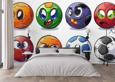 Characters for tennis, basketball, golf, volleyball, bowling, football, and soccer. A cartoon mascot for sport balls. Wall mural