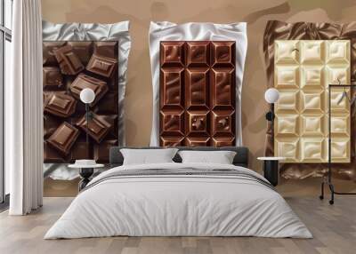 Chocolate bars in open wrappers. Modern illustration. Delicious cocoa and sugar snack. Endorphin source. Wall mural