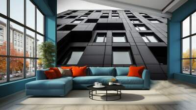 Classic black and white photo of a tall building with clean lines and minimalist design Wall mural