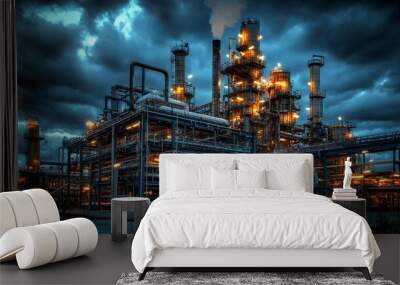 Close-up of industrial view of an oil refinery on a cloudy day in an industrial zone. Stock. Wall mural