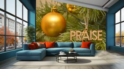 Closeup of Christmas ornaments on christmas tree Wall mural