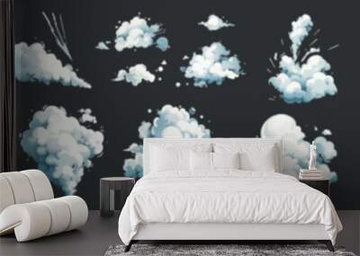 Clouds of smoke and dust caused by speed, explosion, or steam puffs. Effects of cigarette fumes, explosions, and speed trails, modern cartoon set on white background. Wall mural