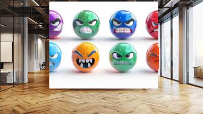 Colorful 3D render showing colorful faces with different facial expressions ranging from angry to grumpy. Wall mural