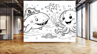 Coloring page or cartoon of shark in pirate hat with squid underwater Wall mural