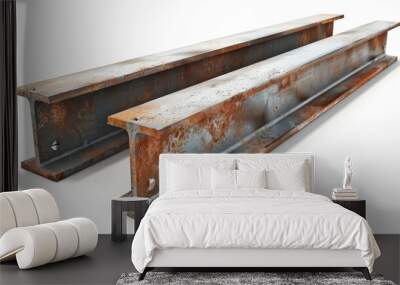 Construction beams, steel structure girders, isolated on white background. Modern realistic set of iron joists for building, stainless structural profile. 3D illustration of strong i-beams. Wall mural