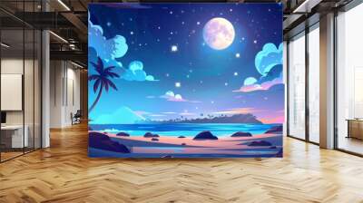 Continent with dark skies at night and a seascape with palm trees and tropical island with sand beach and ocean waves. Modern cartoon background. Wall mural