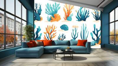 Coral and seaweed cartoon modern illustration set. Bright tropical underwater plants on sand. Collection of marine bottom flora and fauna. Wall mural