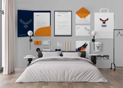 Corporate branding in blue and orange colors with minimal eagle logo for traveling company or digital studio, stationery set ready for use and printing Wall mural