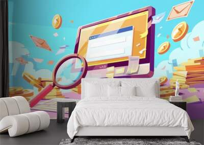 CPC banner, computer desktop with cursor clicking on ad button, magnifying glass and coins. CPC business, CPC advertising technology, sponsored listing cartoon illustration. Wall mural