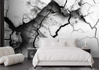 Cracked wall texture. Broken ground effect modern. Earthquake on cement floor isolated realistically. Black fracture line or drought land erosion illustration. Old asphalt scratch graphic design. Wall mural