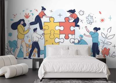 Creating a teamwork landing page. A businessman assembles puzzle pieces with colleagues. A creative coworking colleagues working process, modern line art web banner. Wall mural