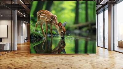 cute baby fawn drinking water in a forest stream Wall mural